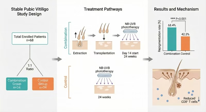 Autologous Hair Follicle Transplantation Combined with NB-UVB Phototherapy for Stable Pubic Vitiligo: A Randomized Controlled Trial